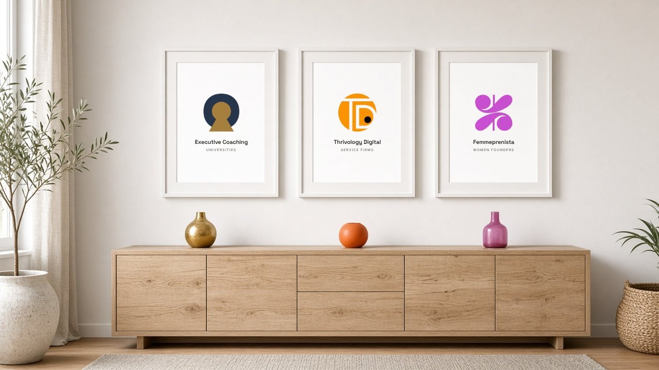 Three framed prints above an oak sideboard, showing the marks of Thrivology Executive Coaching, Thrivology Digital and Femmeprenista, each above a vase in that practice's colour